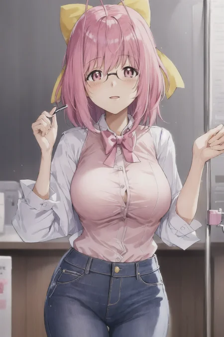 nakagawa kanon, white pupils, pink hair, hair ribbon, large breasts, office, office lady, glasses, jeans, white button shirt, sleeveless, 1girl, solo, <lora:Kanon V3:0.6>