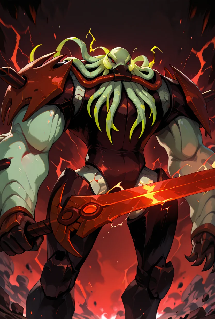 <lora:vilgax-05:1> vilgax, no humans, solo, red eyes, armor,
<lora:Crackling_Energy:1> cr4ckl3, electricity, red spaceship, holding red sword, glowing sword,, masterpiece, best quality, amazing quality, very aesthetic, absurdres, newest,