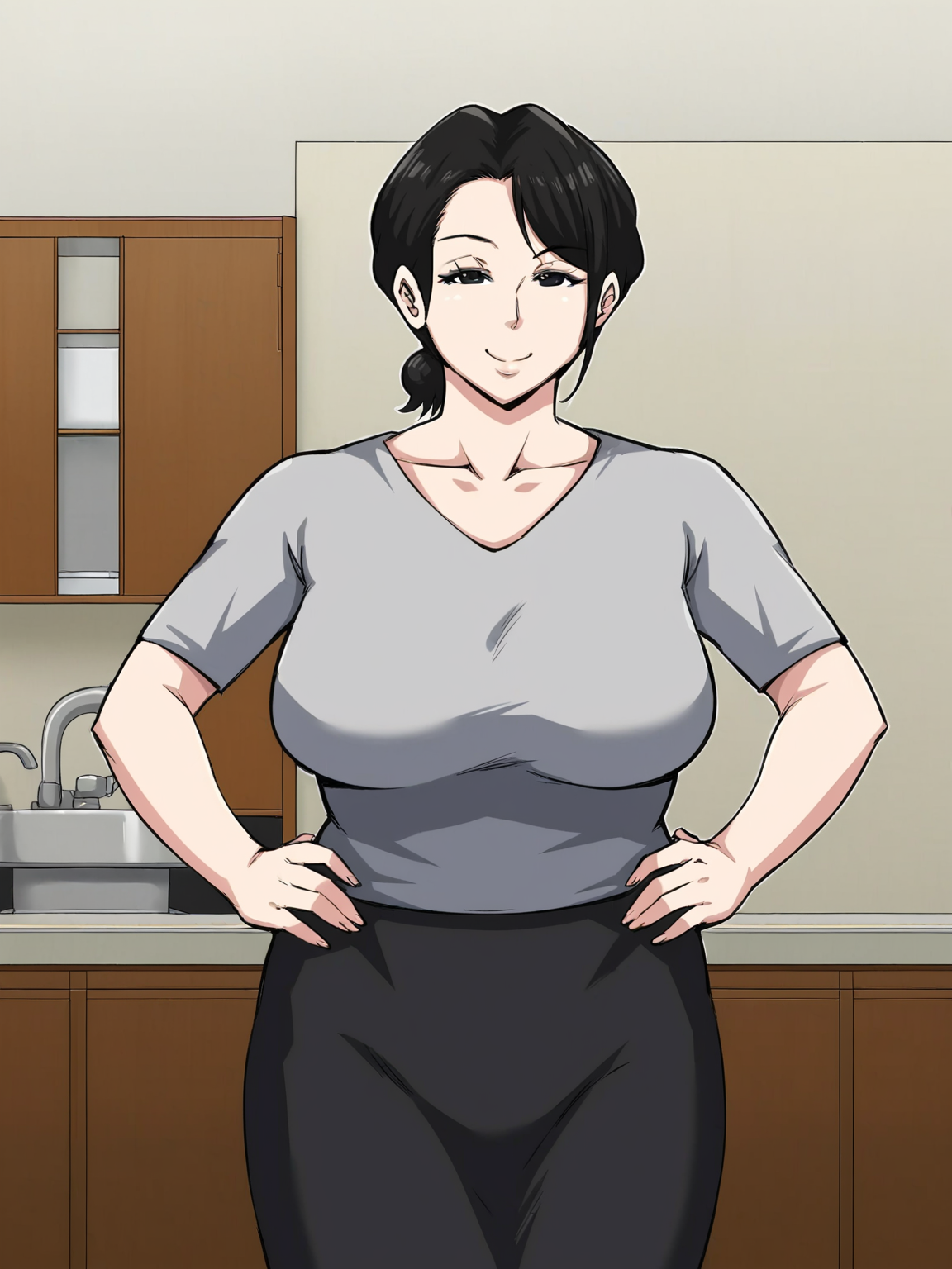 <lora:Natsume_Benkei:1>,nbm,1girl,solo,black hair,black eyes,mature female,shirt,skirt,cowboy shot,hands on own hips,smile,looking at viewer,indoors