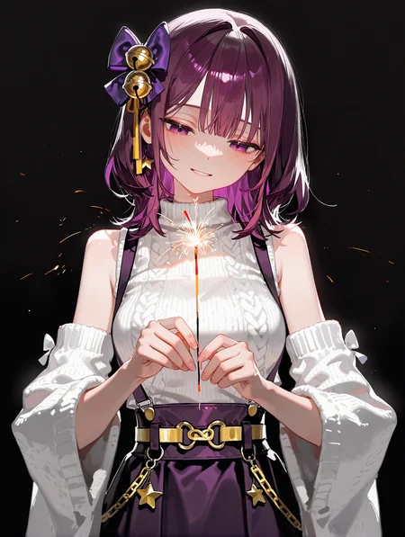 soli, 1girl, purple hair, medium hair, dark purple high-waisted Suspender short skirt, Detached sleeves, white furisode, white Ruffle sweater, bow hair accessory with bell, yellow chain belt, tie, hand-held fireworks, sparkler, looking down, hands before breasts, narrowed eyes, smile, sad, temochihanabi, magic, star, (light trail:1.3), scenery, (portrait:1.2), dark, black background, volumetric light, facing viewer, fron view, (high contrast:1.1), sensitive, chyoel,solar,[kuzuvine],[[dino (dinoartforame)]],[[[ciloranko]]], masterpiece,best quality,newest,absurdres,highres,very aesthetic, very awa,