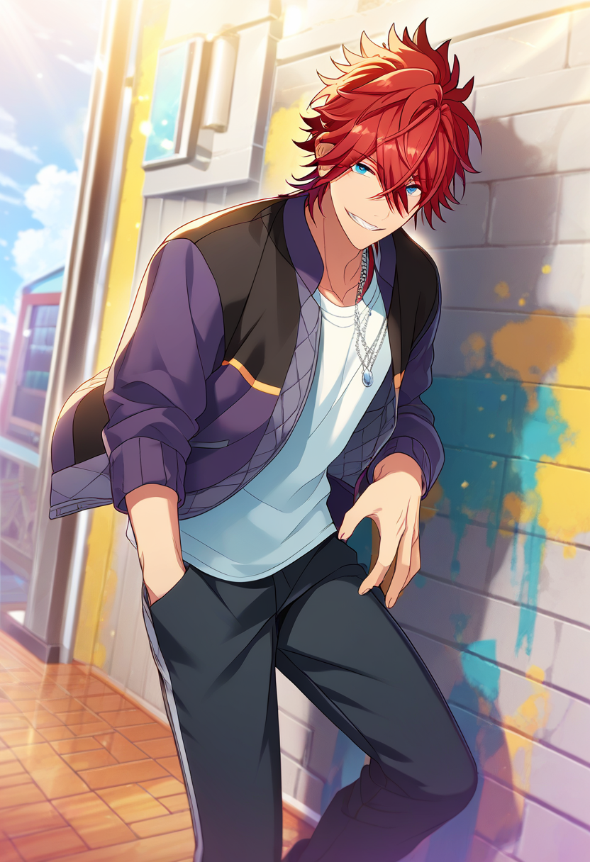 1boy, male focus,
  <lora:Amagi_Rinne_Pony__Ensemble_Stars:0.8> amagi rinne, red hair, blue eyes
((zPDXL)), score_9_up, score_8_up, score_7_up, score_6_up, score_5_up, score_4_up, best quality, amazing quality, best aesthetic, absurdres, year2023, nsfw, game cg, official art, official style,  uncensored,
smile, against wall, open jacket, purple jacket, white shirt, necklace, outdoor, looking at viewer, paint splatter, necklace,