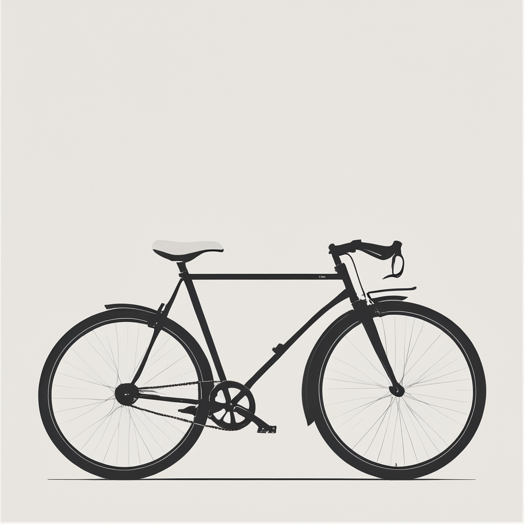 Minimalist Vector Art, ArsMJStyle, A minimalist black and white illustration of a bicycle, viewed from the side. The bicycle's frame and wheels are outlined with clean, simple lines against a white background. The mood is fresh and simple. bicycle, silhouette, monochrome, greyscale, simple background, white background, side view.  <lora:Minimalist_vector_artSDXL:1>