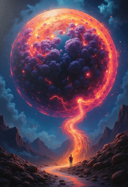 Oil painted and digital art style. Create a unexpected fantasy image that combines the style of oil painting and digital painting. Add more details.