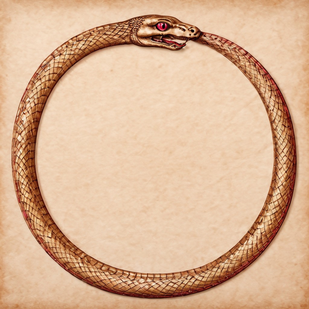 Ouroboros, ruby colored eyes, snake eating its own tail, snake with its tail in its mouth, snake, solo snake, drawn on ancient parchment paper, background is parchment paper. ancientegypt, detailed background.