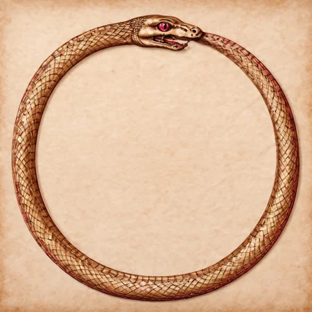 Ouroboros, ruby colored eyes, snake eating its own tail, snake with its tail in its mouth, snake, solo snake, drawn on ancient parchment paper, background is parchment paper. ancientegypt, detailed background.