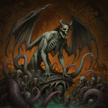 masterpiece, best quality, newest, absurdres, highres, DFAV1.5, 1boy, monster, monster boy, eldrich, eldrich horror, tentacles, green skin, green colored skin, tusks, fangs, sharp teeth, wings, demon wings, tail, demon, demon boy, unead, zombie, ribs, skull,