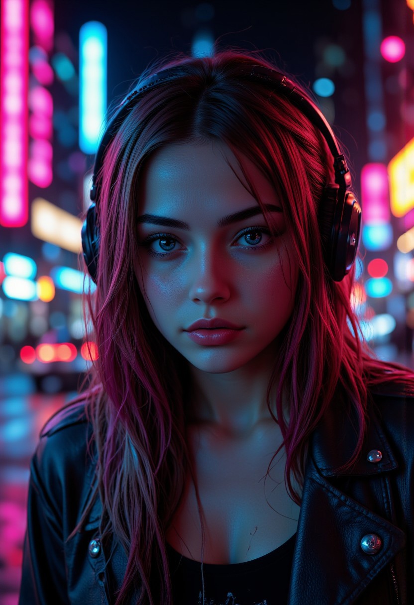 1girl, cyberpunk girl, hyper-realistic, beautiful detailed eyes, beautiful detailed lips, beautiful detailed nose, realistic, cinematic lighting, moody lighting, dramatic lighting, glowing neon lights, neon cyberpunk city background, futuristic city, vivid colors, vibrant colors, intricate details, extremely detailed, masterpiece, photorealistic, high-quality, best quality, 8k, ultra-detailed, physically-based rendering
