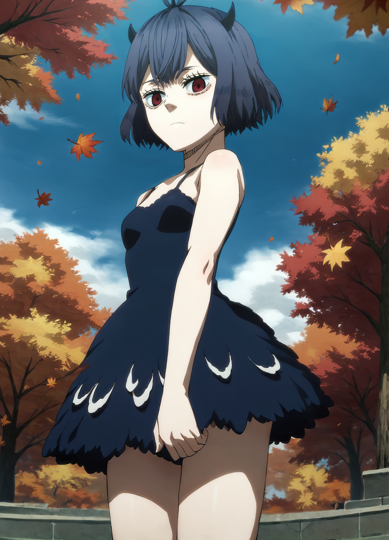 highres, sharp focus, pixiv masterpiece, highly detailed, 1girl, small_breasts,  nero-dress, Secre_Swallowtail_XL, source_anime, score_8_up, score_7_up, score_9,   <lora:Secre_Swallowtail_PonyXL_v19-000001:1> , eyelashes,  looking at viewer, cowboy shot, autumn, low angle,