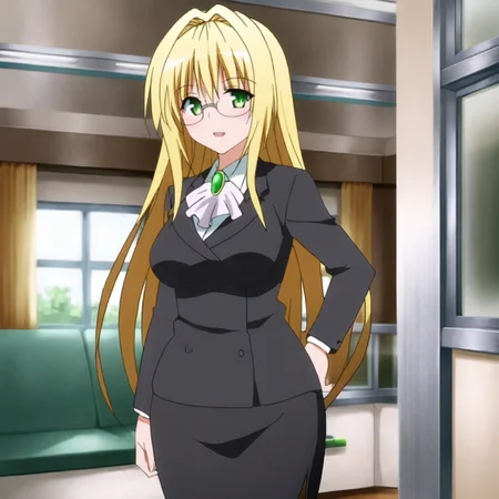 <lora:tearjutoloveru_pony_v1:.8>  Tearju, 1girl, blonde hair, long hair, glasses, pantyhose, green eyes, pencil skirt, formal, skirt suit, breasts, ascot, cowboy shot