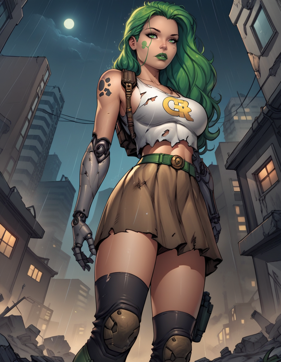 score_9, score_8_up, score_7_up,score_6_up, score_5_up, score_4_up , 1girl, solo, 
large breasts, 
AphroditeIXDG,
green hair, green lips, green eyes, 
boots, tank top, thighhighs, gloves, elbow pads, shoulder holster, knee pads,torn clothes,suspender skirt,brown skirt, 
from below, 
cyborg,  single mechanical arm,  facial mark, 
looking at viewer,
city, rubble, night, rain, 
 <lora:AphroditeIX (PonyXL)-v01-000003:0.90>