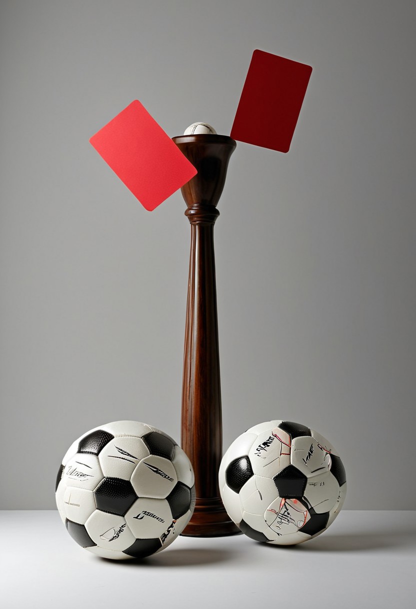 masterpiece, very aesthetic, absurdres, newest, drawing, 2balls1shaft, still life, simple background, soccer balls, hand holding red card