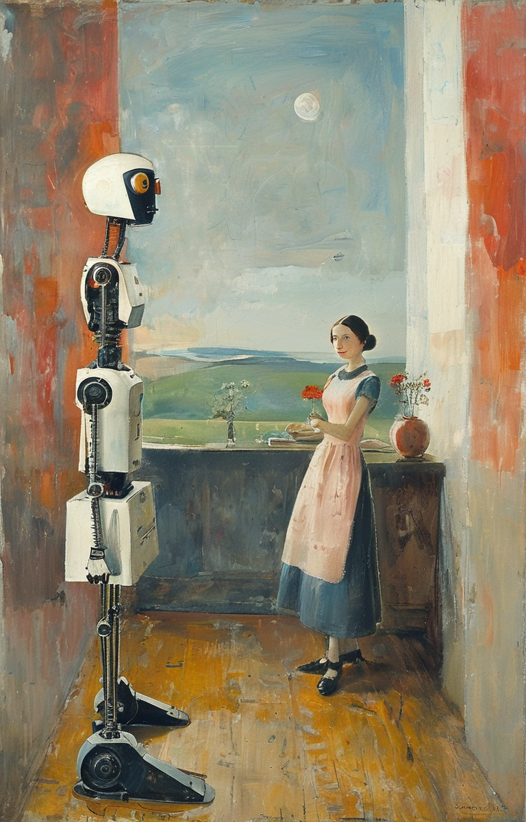 masterpiece,best quality,<lora:tbh241-sdxl:0.9>,illustration,style of Winifred Nicholson portrait of Housework robots