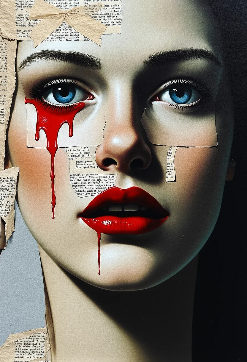 yfg-magritte A dramatic, close-up portrait of a woman's face, rendered in stark, contrasting shades of deep black, pristine white, and vibrant scarlet. Intricate fragments of aged, crinkled newspaper, subtly layered and textured, collage the surface of her face, particularly around her intense, captivating azure eyes and full, painted cardinal-red lips. Red paint, thick and glistening, drips vividly from her lips, pooling onto the newspaper, and splatters across the paper in dramatic arcs, adding a dynamic, almost aggressive energy to the expression. The underlying texture of the newspaper is meticulously rendered, showcasing its aged, uneven surface with subtle variations in tones of grey and beige. Various print ink markings on the paper, including snippets of headlines and paragraphs, suggest snippets of a forgotten story; though the faded, blurred lettering remains largely indecipherable, hinting at a lost narrative. The overall composition is a powerful visual statement, a vibrant and emotional interpretation of the woman's face, caught in a moment of profound intensity, against the backdrop of fragmented media.