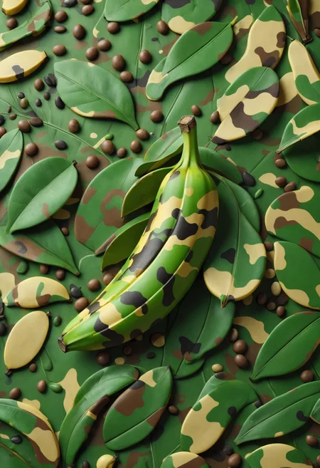 3d isometric, blender render, soft colorful-hued colors, (a single banana, (a banana in camouflage:1.4), a very stealthy banana, hiding in plain sight, no one can see it), [ : (ral-camo pattern) : 3], [ : monstera leaves, tiny pebbles : 5 ], two tone lighting, abstract geometric gradients, colorful background <lora:ral-camo-sdxl:0.8>