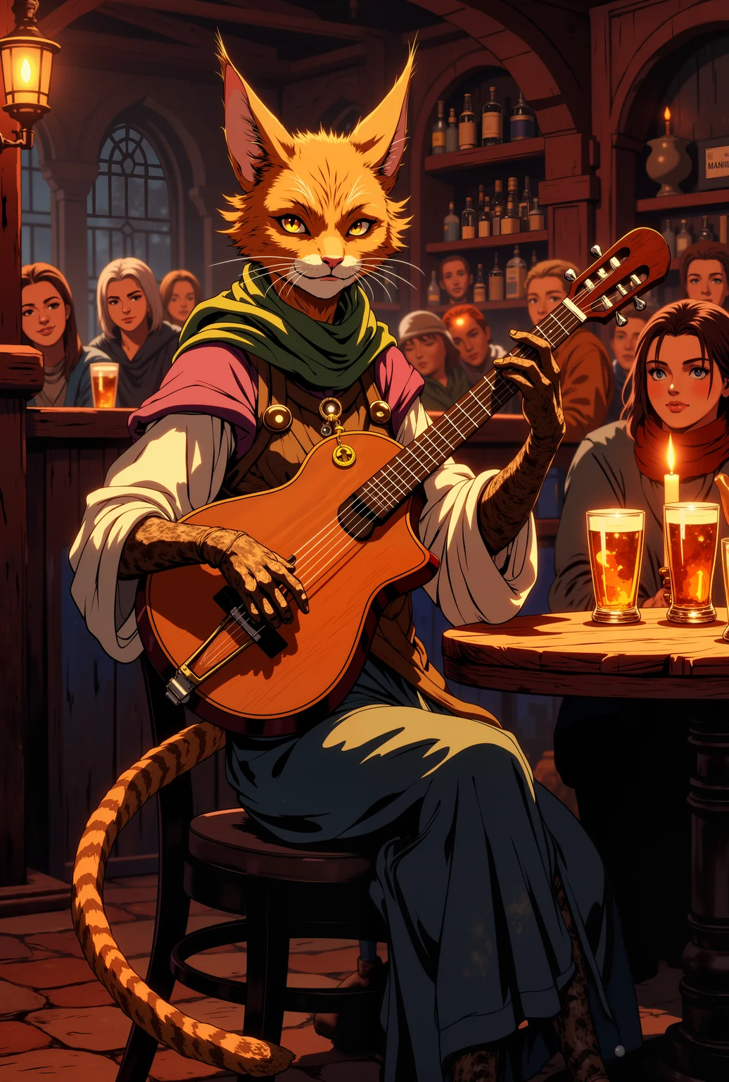 ne0nfant4sy, A lithe catfolk bard, her sleek, tawny fur glistening in the dim light of a crowded tavern, strums a lute with agile, clawed fingers. Her amber eyes, wide and filled with mischievous charm, twinkle as she sings a tune that captivates the crowd. Her ears twitch in rhythm to the melody, while her long, spotted tail sways lazily behind her, brushing the floor with each beat. She wears a loose, colorful ensemble of silks and scarves that shimmer with every movement, the fabrics rippling like water as she moves to the music. Around her neck hangs a charm shaped like a crescent moon, glowing faintly with a magical aura. The warm light of the fire flickers across her expressive face, highlighting her playful grin as she winks at an unseen admirer. The tavern behind her is filled with patrons, all captivated by her enchanting performance, their faces illuminated by the soft glow of candlelight. The atmosphere is one of warmth and mirth, with the faint scent of spiced ale and roasted meat filling the air.<lora:RetroAnimeFluxV1:0.5><lora:NeonFantasyFLUX:0.3>