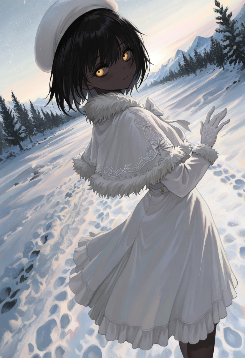 masterwork, perfect quality , amazing quality, absurdres, newest, hyper detailed, detailed, masterpiece, highly detailed, best quality, absolutely eye-catching, 1girl, solo, theprincess, dark-skinned female, very dark skin, black hair, short hair, yellow eyes, white dress, long sleeves, capelet, white bow, white gloves, white coat, fur trim, white headwear, beret, smile, snow, outdoors, scenery, dynamic pose, (dramatic angle, dynamic angle:1.2), facing viewer, looking at viewer,  <lora:theprincess-illust:1> <lora:NOOB_vp1_detailer_by_volnovik_v1:0.3> <lora:spo_sdxl_10ep_4k-data_lora_webui:0.6> <lora:748cmSDXL:0.3> <lora:mon_monmon2133:0.4> <lora:noobai_vpred_1_masterpieces_v23:0.5>