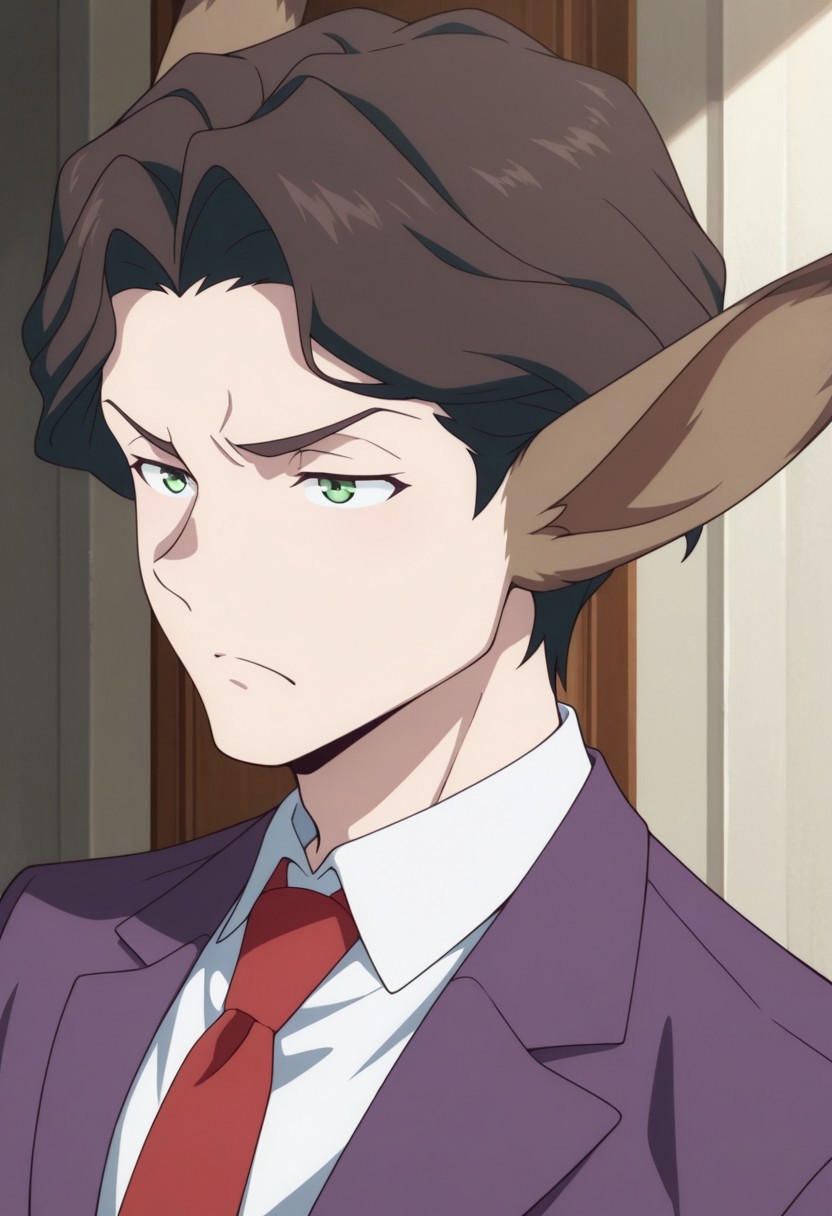 masterpiece,best quality,amazing quality, source_anime, 
AndrewHanbridge, 1boy, male focus, solo, green eyes, brown hair, shirt, white shirt, collared shirt, necktie, red necktie, jacket, purple jacket,  donkey ears, frown
indoor,