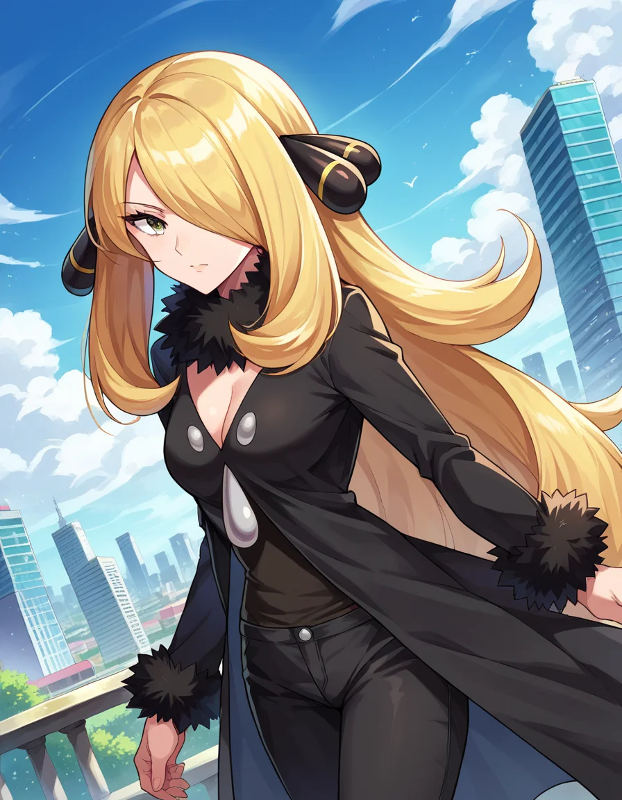 score_9, score_8_up, score_7_up, source_anime,
pokemoncynthia, <lora:pokemon-cynthia-ponyxl-lora-nochekaiser:1>
pokemoncynthia, blonde hair, hair ornament, hair over one eye, long hair, yellow eyes,
black coat, black pants, black shirt, coat, fur collar, fur trim, fur-trimmed sleeves, pants, shirt,
outdoors, cityscape,
looking at viewer, cowboy shot, dutch angle,