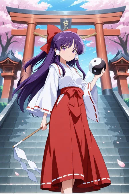 absurdres, highres, masterpiece, best quality, amazing quality, official anime artwork, screencap, anime screencap, outdoors, looking at viewer, dynamic pose, standing,
<lora:Reimu-Hakurei-PC98_Illustrious:1> Reimu98, 1girl, solo, purple eyes, purple hair hair, long hair, sidelocks, small breasts,, hair bow, red bow, hair tubes, white tubes, white shirt, attached ribbon-trimmed sleeves, red skirt, long skirt,
petals, torii, from below, stairs, (yin yang orb:1.2), holding gohei, danmaku, holding orb, serious,