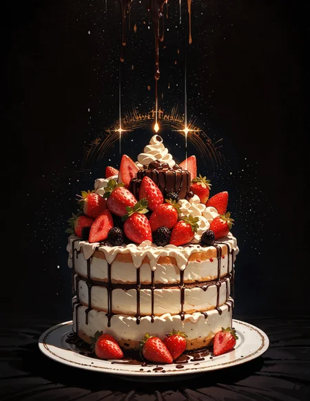 score_9, score_8_up, score_7_up, score_6_up, score_5_up, score_4_up,   cake, chocolate, strawberries, cream, golden plate, intricate ornament, (black background:1.2), no humans