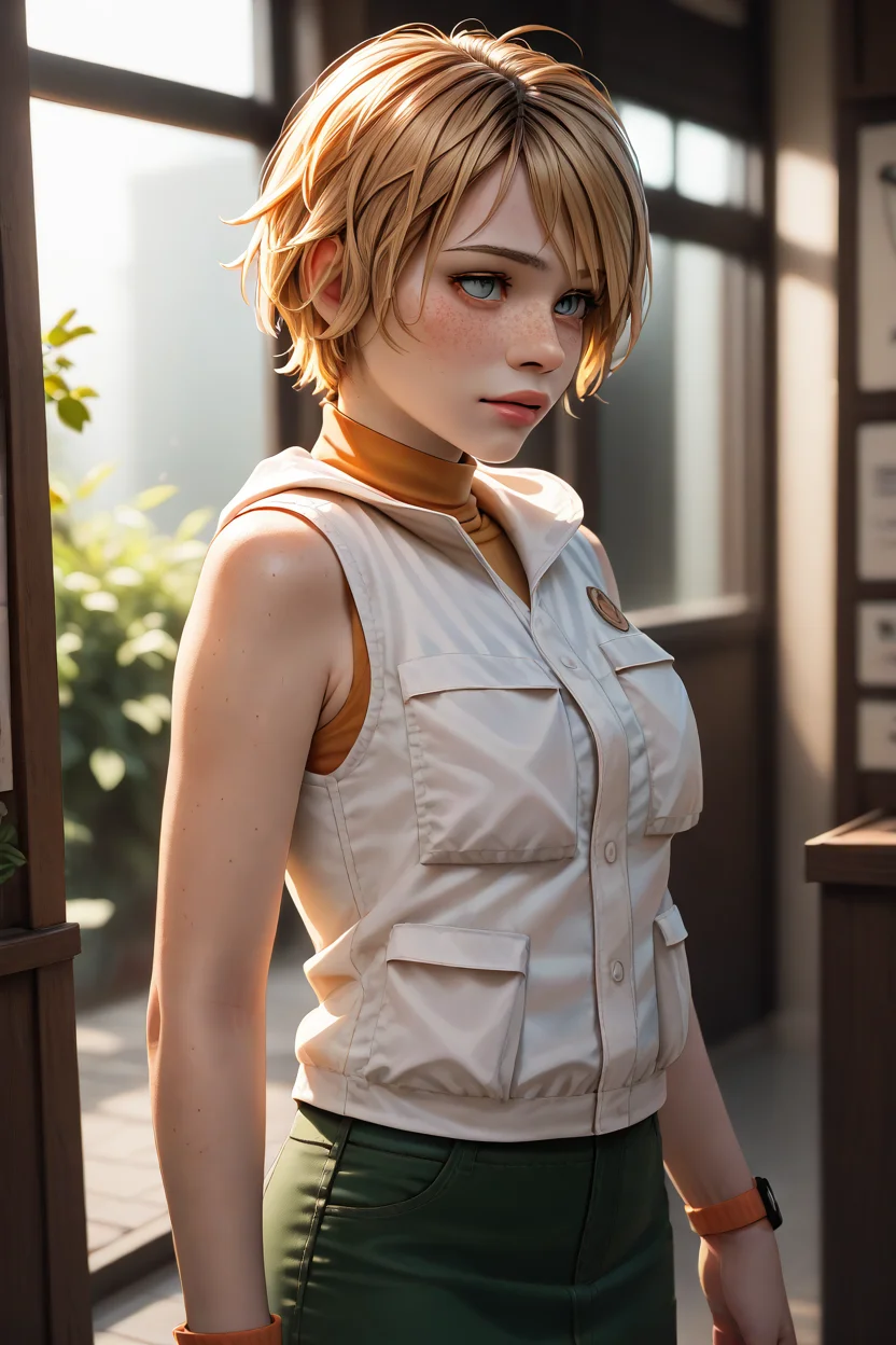 1girl, depth of field, highly detailed, high contrast , god rays, volumetric lighting,solo, <lora:Heather_mason_lora:0.8> heather_mason, blonde hair, short hair, freckles,vest,turtleneck,short pencil skirt,, PonyXLV6_Scores, zPDXL3, <lora:Hyper-SDXL-8steps-lora:1>, <lora:cervina-guy-PONYv1:0.7> <lora:incase-ilff-v3-4:0.6>