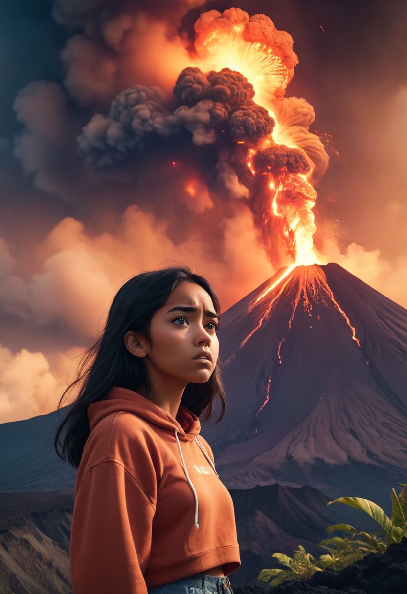 beautiful 18yo hawaiian girl, staring into the caldera of an erupting volcano, dramatic. Analog Color Theme, Lo-Fi Hip Hop , retrospective, flat, 2.5D,
