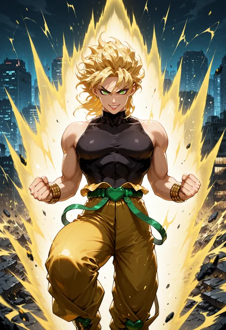 <lora:superSayianAura_NoobAIEps_Mlaofmd-10:1.0> masterpiece, best quality, high quality, [:realistic:0.3], detailed background, depth of field, ambient silhouette, backlighting, 1boy, dio brando, yellow hair, floating hair, solo, detailed eyes, green eyes, clenched hands, supersaiyanaura, power, aura, sharp aura, yellow aura, fight stance, floating, looking at viewer, evil grin, city, apocalypse, city background, night, debris,