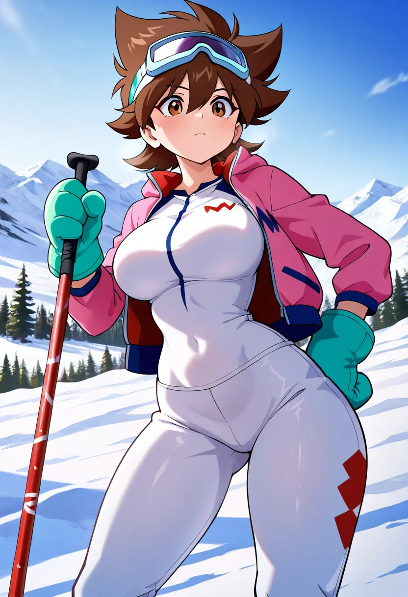 masterpiece, best quality, solo, curvy, beautiful eyes,  narrow waist, wide hips, large breasts,zzTachibana, brown eyes, hair between eyes, brown hair, flipped hair, short hair, spiked hair,   ,       <lora:TachibanaHiromiIXL:0.8>, [Alpine Ski Resort], brightly colored ski jacket with snowflake patterns, thermal base layer, snow pants with reinforced knees, ski goggles resting on helmet, ski poles in hand, puffer gloves, towering snowy mountain slopes with chairlifts above, getting ready to hit the slopes,
