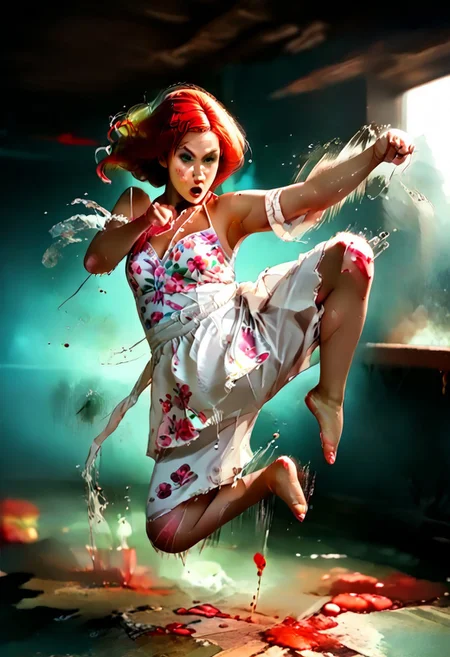 score_9, score_8_up, score_7_up, score_6_up, score_5_up, score_4_up, 
BREAK
picture-perfect, best quality, detailed shading, depth_of_field, cinematic lighting, (cowboy view), 
BREAK
1girl, kim_pos_V2, kim_pos_V2_face, kim_pos_V2_body, long red hair, 18 years old, (stunning green eyes), (skin detail, freckles, moles on skin:1.4), ((red hair:1.5))
BREAK
1boy, ninja, ninja outfit, shadowed, fighting stance, sword, dodge girl
BREAK
1girl, leaping flying karate kick ninja, feet off ground, ((teep fighting stance,martial arts, incoming attack, ((mid air, dynamic, motion blur, blood splashes)))), jusiki, doing a high jump sidekick, doing a jump sidekick, (((jump at viewer))), perfect makeup, ((random hairstyle, cotton sundress with floral print)), 
BREAK
(:1.2), 
BREAK
(:1.2)
BREAK
full view shot, (stable, haybales, golden sunlight, detailed multi-layered background),