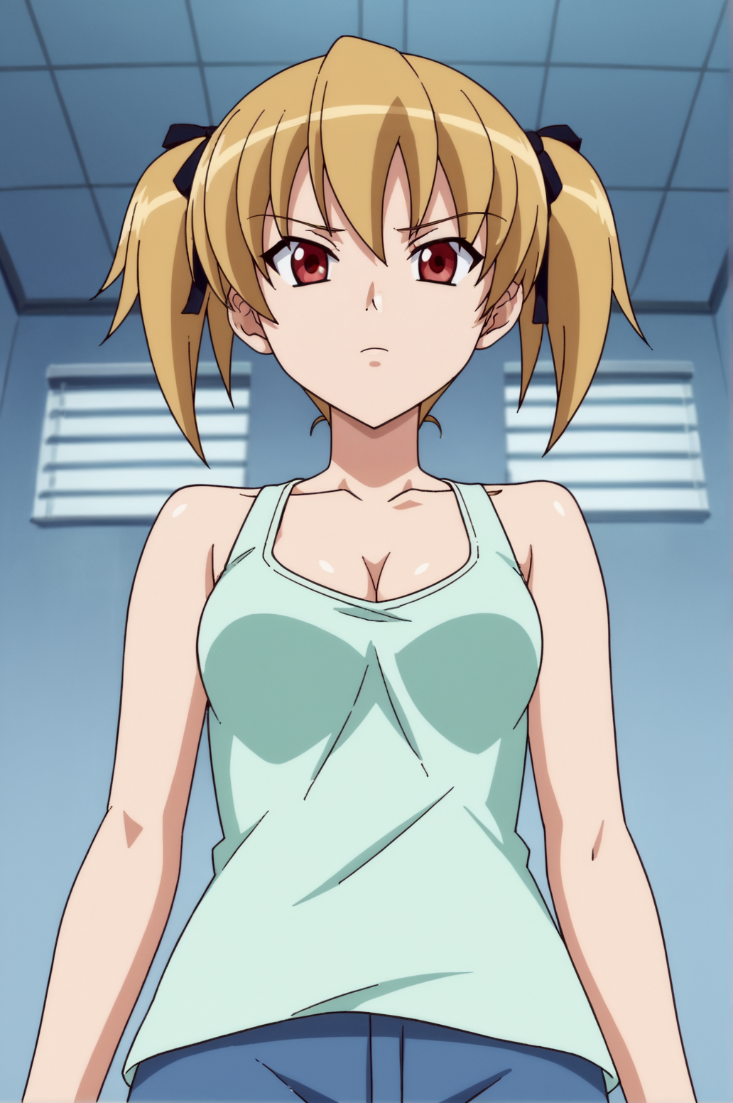 score_9, score_8_up, score_7_up,anime_source, source_anime, best background, detailed background, anime screencap,  Nami, cleavage, collarbone, black short, twintails, ribbon, solo, tank top, cowboy shot, form below,  <lora:JN_Aoi_Nami:0.8>