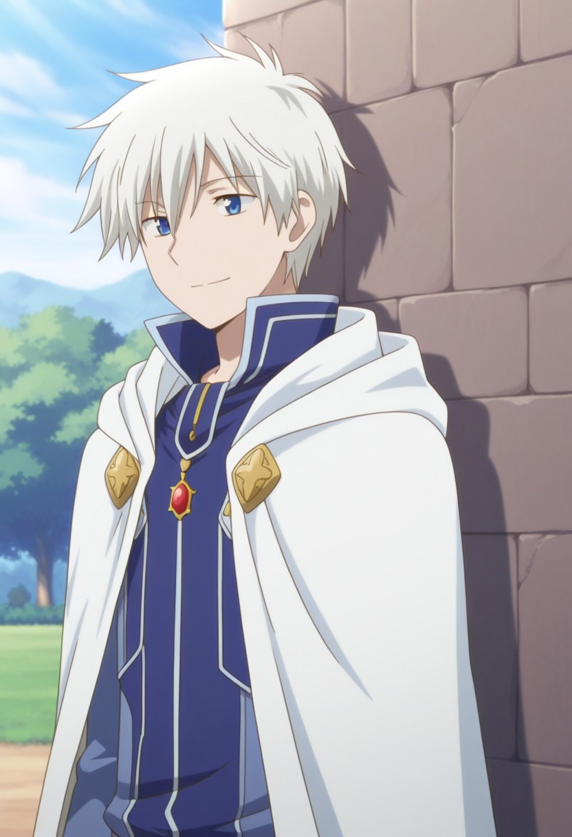 masterpiece,best quality,amazing quality, source_anime, 
ZenWistaria, 1boy, male focus, solo, blue eyes, white hair, jacket, blue jacket, high collar, cape, white cape, outdoor, smile,