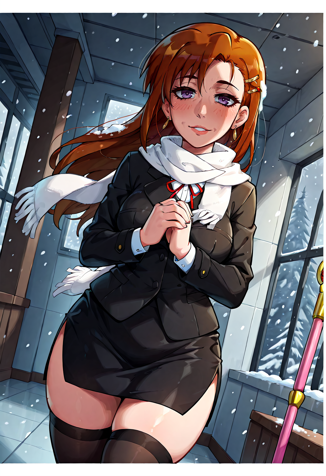 IllustriousQual, <lora:StS-Illustrious-Detail-Slider-v1.0:2> <lora:cfg_scale_boost:0.3> <lora:StS_Age_Slider_Illustrious_v1:3>,detailed_background,indoors,neck ribbon,idolmaster,zettai ryouiki,white scarf,black jacket,long sleeves,hairclip,gakuen idolmaster,blonde hair,lyrical nanoha,brown hair,staff,white jacket,scarf,holding,snowing,thighhighs,dutch angle,smile,miniskirt,pencil skirt,hair ornament,shinosawa hiro,solo,side slit,wind,earrings,colored eyelashes,own hands together,parted lips,absurdres,border