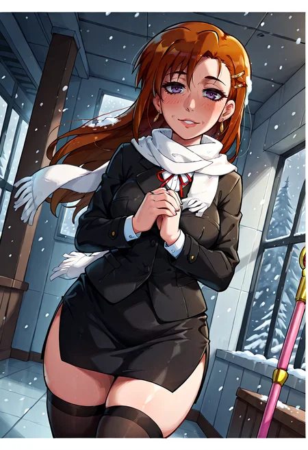 IllustriousQual, <lora:StS-Illustrious-Detail-Slider-v1.0:2> <lora:cfg_scale_boost:0.3> <lora:StS_Age_Slider_Illustrious_v1:3>,detailed_background,indoors,neck ribbon,idolmaster,zettai ryouiki,white scarf,black jacket,long sleeves,hairclip,gakuen idolmaster,blonde hair,lyrical nanoha,brown hair,staff,white jacket,scarf,holding,snowing,thighhighs,dutch angle,smile,miniskirt,pencil skirt,hair ornament,shinosawa hiro,solo,side slit,wind,earrings,colored eyelashes,own hands together,parted lips,absurdres,border