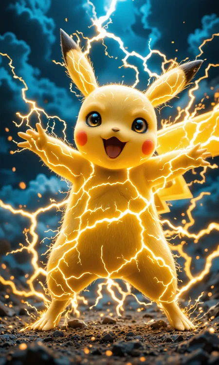 Create a hyper-realistic, extremely detailed image of an anime-style Pikachu in a fierce battle pose, charging up its iconic thunder attack. Pikachu: Electrified, dynamic pose with crackling, glowing yellow electricity enveloping its body. Expression: Intense, determined gaze with slightly ajar mouth, conveying immense energy buildup. Environmental Effects: Dark, stormy background with ominous, foreboding clouds and subtle, flickering lightning. Air distorted by electricity, with tiny, glowing sparks surrounding Pikachu. Style: Hyper-realistic, blending anime's vibrant charm with precise textures (fur, electricity, environment) and intense, electrifying atmosphere, capturing the exact moment before Pikachu unleashes its full thunderous power.