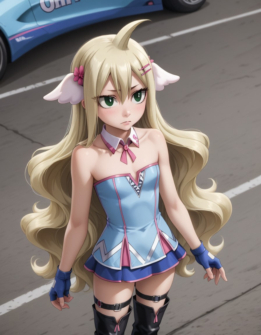 score_9,score_8_up,score_7_up,source_anime,rating_explicit,
1girl, flat chest, tiny tits,solo,<lora:Mavis_Pony:1>,green_eyes,Mavis_Vermilion,blonde_hair,very_long_hair,ahoge,head_wings,flat_chest,thigh boots,black thigh strap,short dress,two-tone dress,hair ornament,race queen,strapless dress,black detached collar,collarbone,blue gloves,fingerless gloves,bare shoulders,