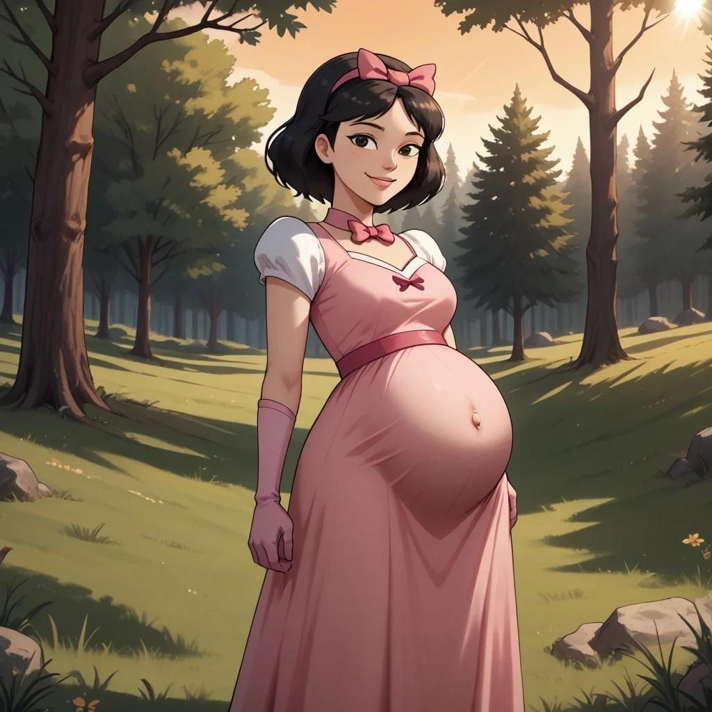 score_9, score_8, BREAK, solo, total drama, 1girl, black hair, pink hair bow, black eyes, lips, pink neck band, pink short dress, light pink gloves, pink footwear, Ella_(Total_Drama), tdpi, cute, pregnant, big belly, sexy pose, self portrait, smile, outdoors, sunlight, shadows, evening lighting, natural lighting, forest, trees, grass, orange sky, sunset