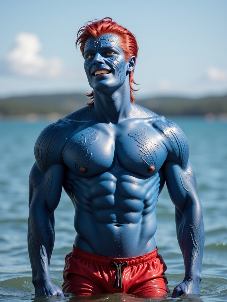 erik, manly, man, muscular , blue skin, red hair, fade, smiling, looking up, in lake, red swimming shorts