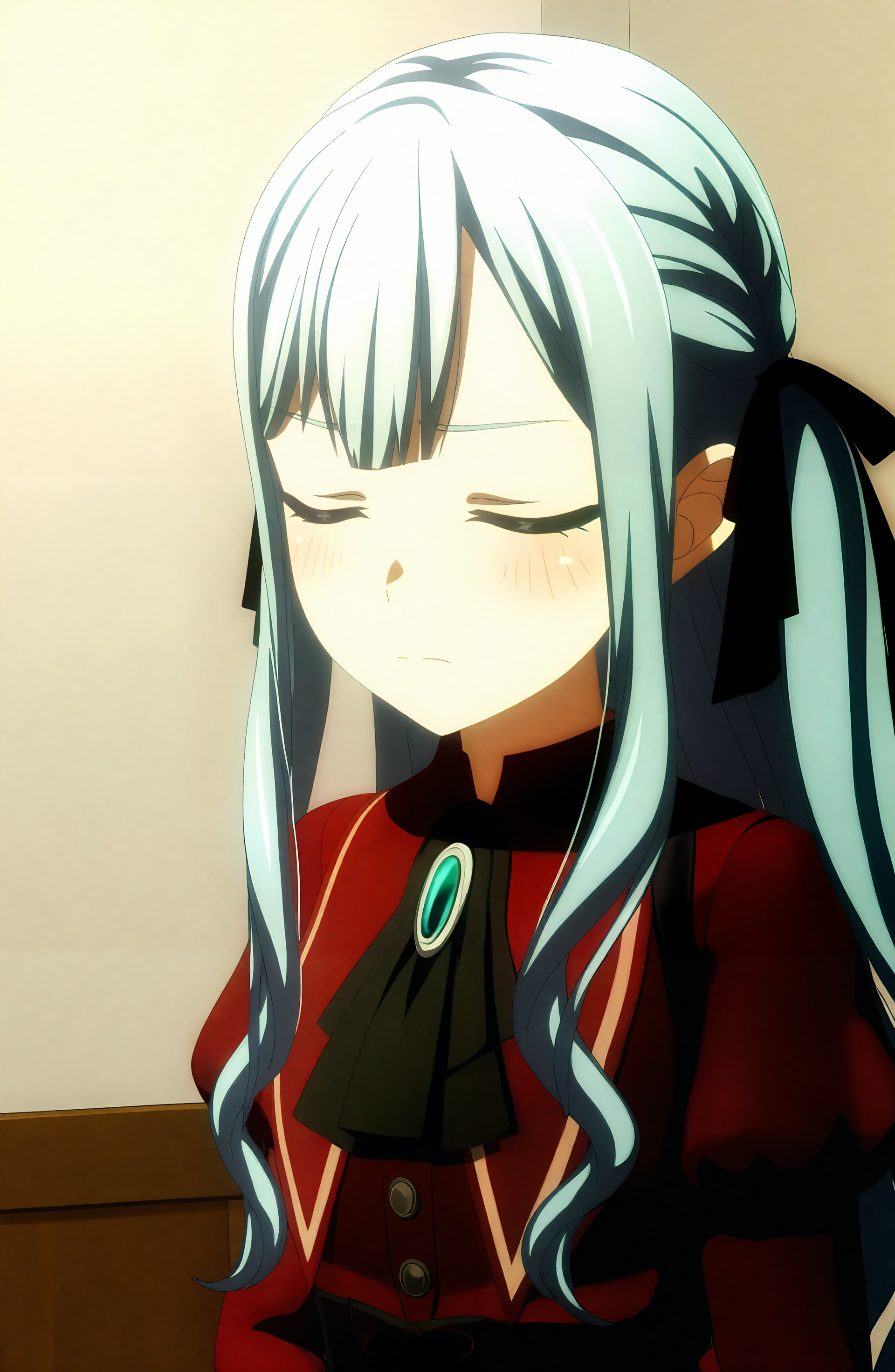 1girl, solo, long_hair, blush, shirt, ribbon, closed_mouth, upper_body, closed_eyes, grey_hair, hair_ribbon, indoors, parody, red_shirt, brooch