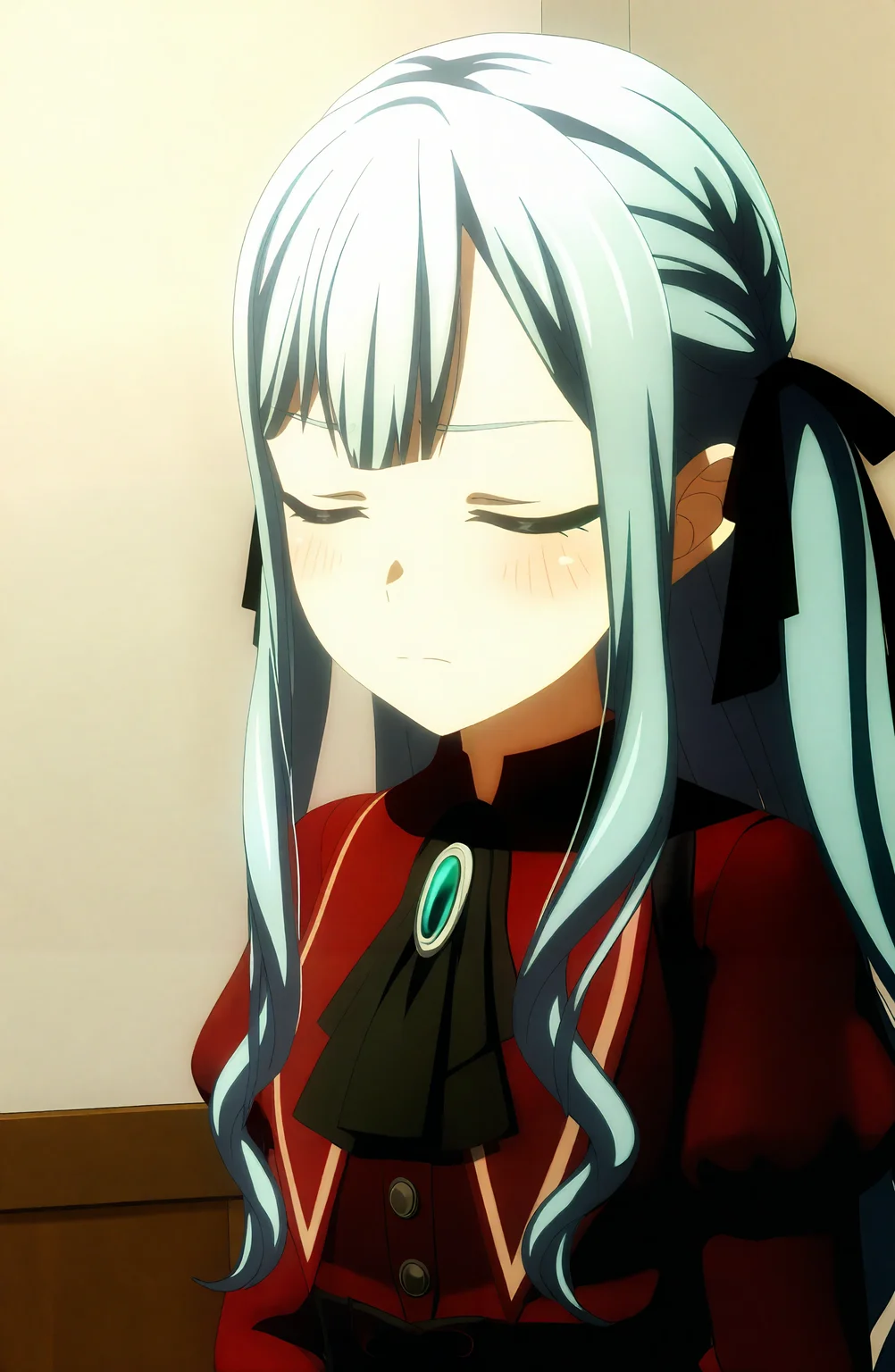 1girl, solo, long_hair, blush, shirt, ribbon, closed_mouth, upper_body, closed_eyes, grey_hair, hair_ribbon, indoors, parody, red_shirt, brooch