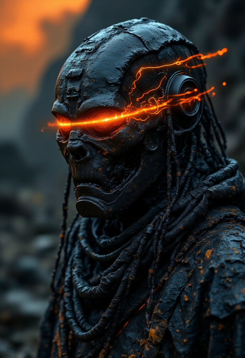 yfg-daak, A highly detailed cinematic photography. Light Trails Photography by Aaron Siskind and Farah Mahbub of a person with head replaced by an corrupted digital glitch effect, Completely The world of the Lord of the Rings, pure black, detailed, aesthetic of land art with evolving atmosphere, procedural sky, crisp details, iconoclastic supreme masterpiece with high-quality details, amber and crimson colors, silhouette dazzling light, enigmatic and menacing and overwhelming atmosphere, raw details, complete sharpness, blurred background.