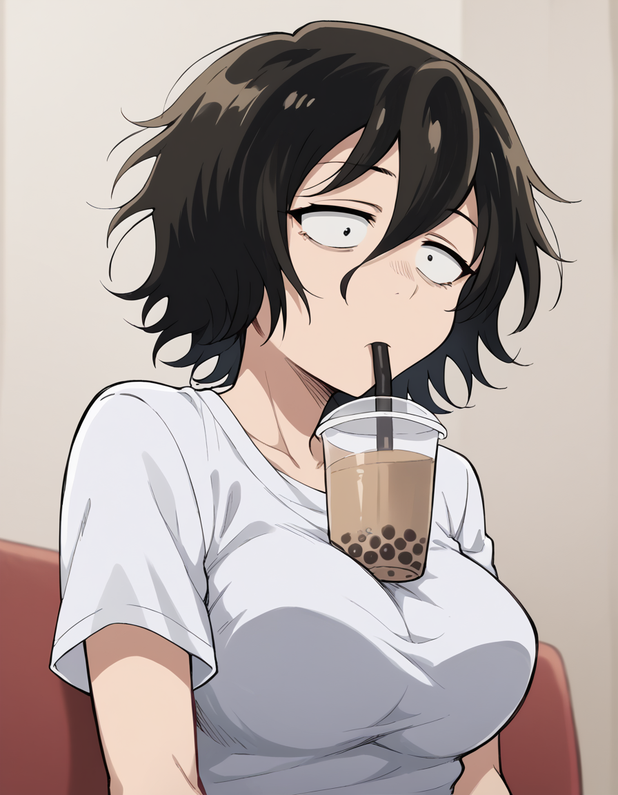 score_9, score_8_up, score_7_up, source_anime, <lora:akira-asai-s1-ponyxl-lora-nochekaiser:1>, akira asai, short hair, black hair, messy hair, bags under eyes, sanpaku, black eyes, hair between eyes, large breasts,, <lora:bubble-tea-challenge-ponyxl-lora-nochekaiser:1>, bubble tea challenge, bubble tea, object on breast, drinking straw, drinking straw in mouth, drinking, cup,, indoors, sitting, looking down, , cowboy shot, dutch angle
