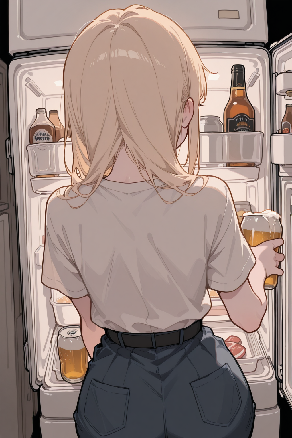 masterpiece,best quality,amazing quality, blonde guy, looking at a refrigerator, refrigerator interior,  
from behind, taking a beer,
(flat cute color 0.9), from below