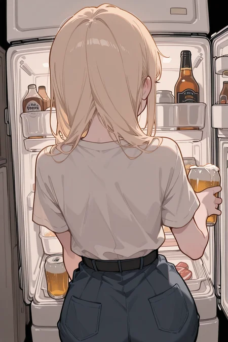 masterpiece,best quality,amazing quality, blonde guy, looking at a refrigerator, refrigerator interior,
from behind, taking a beer,
(flat cute color 0.9), from below