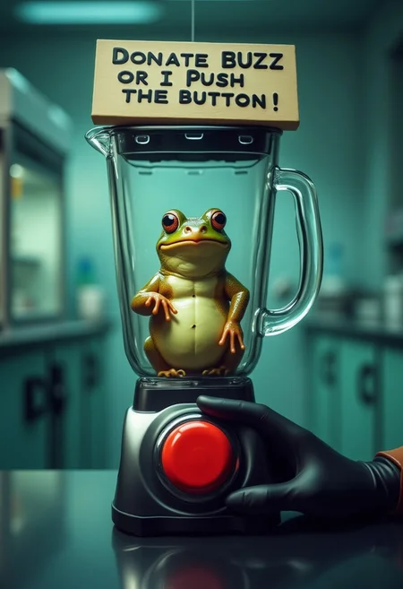 32k, natural fur texture, award winning photo, hd ultra detailed, fine art photography, nature fotography, realistic, realistic reptile skin, canon eos photograph, In a laboratory setting, there is a cute, wet looking realistic frog confined in a large glass blender, it has its front limbs placed against and its finger sticking to the glass and looks at the viewer with sad puppy eyes. At the bottom of the picture, there is a black gloved hand with an extended finger resting on a large red button on the blender. Above the blender, an electronic sign hangs down and says "Donate BUZZ or I push the button!"
