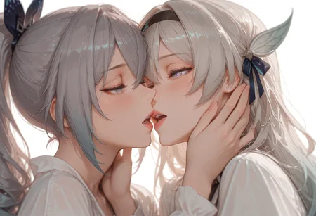 firefly \(honkai: star rail\), silver wolf \(honkai: star rail\), 2girls, black hairband, blush, hand on another's cheek, hand on another's face, imminent kiss, long sleeves, multiple girls, open mouth, pink lips, shirt, simple background, teeth, upper teeth only, white background, white shirt, yuri
BREAK
(Smooth Quality:0.8),masterpiece,best quality,amazing quality, absurdres, ultra-HD, 8k, fit body, raytracing, soft lighting, volumetric lighting, ambient occlusion,absolutely eye-catching, usnr, (cinematic composition), depth of field, (adult face), (mature female:1.2), very aesthetic, (detailed face and eyes), sharp focus, warm lighting, semi realistic, emphasize body relief, Stylized digital image,
<lora:illustrious_quality_modifiers_masterpieces_v1:1> <lora:USNR_STYLE_ILL_V1_lokr3:0.4> <lora:MGE_V5.2_IL:0.7> <lora:MoriiMee_Gothic_Niji_Style_Illustrious_r1:0.6> <lora:ppw_v7_Illuv1.0_1_r2:0.4>