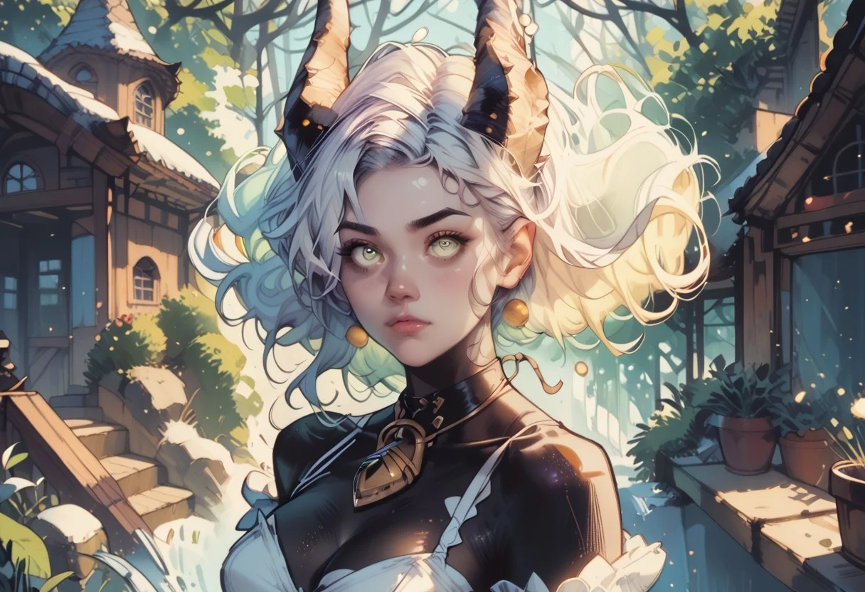 (score_9, score_8_up, score_7_up, score_6_up, 1girl, solo, embedding:zPDXL), Nemesis: A wavering mist takes form, elongating into dark tendrils. Her hair flows like an snowy white mist, her eyes a swirling bright sapphire. Her form is that of a beautiful woman, hourglass figure, (tiefling with black skin), sheep girl, ram horns, wavy hair, white dress, (in the abyss),skyaboveme,by pistachiocream,light rays,lens flare,light particles,beautiful color, detailed, amazing quality, commix style