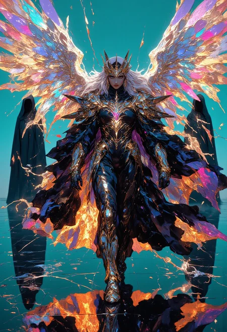 A hyper-realistic full-body portrait of a regal, seductive winged woman walking with a dynamic, commanding pose, radiating elegance and power. She wears a sharp, symmetrical chrome crown with blade-like points that reflect radiant metallic highlights, evoking a futuristic brilliance. Her flowing robe, crafted from glowing neon dots and vivid lines, shifts mesmerizingly between electric cyan, deep magenta, and radiant gold, creating a surreal, otherworldly allure. Her silver and azure hair, softly glowing, floats weightlessly, amplifying her ethereal presence, while her robe flows in gravity-defying waves, accentuating the motion. Beneath her, the ground features a black obsidian tile floor, its uneven hexagonal tiles streaked with veins of molten gold light that pulse like living energy, adding depth and surreal vibrance. Two veiled women in matte-black robes stand solemnly in the background, their faces obscured and their mysterious presence deepening the enigma. The backdrop is a neon turquoise gradient, faintly illuminated by glowing, cryptic Illuminati-inspired symbols, their soft pulses harmonizing with the glowing tiles. Cinematic lighting bathes the scene in an ethereal glow, accentuating the crown’s brilliance, the robe’s vivid tones, and the surreal floor. Captured in 8K resolution with a 35mm lens at f/1.2, every detail is rendered with precision, merging hyper-realism and surreal elegance into a stunning visual narrative.
