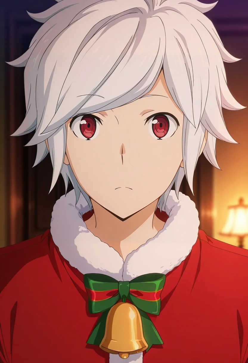 masterpiece, best quality, , anime screencap, , official style, looking at viewer, 1boy, solo, male focus, <lora:bell_cranel_ilxl:1>, bell_cranel, white hair, red eyes, short hair, , christmas costume