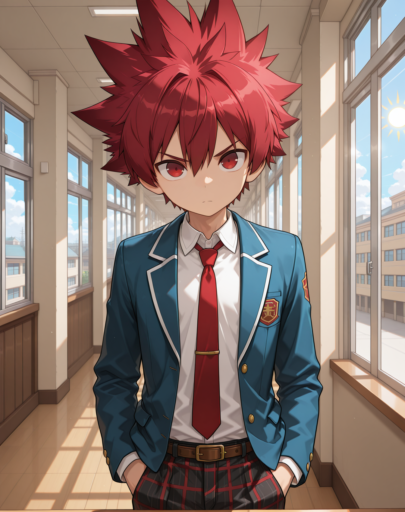 masterpiece,best quality,amazing quality, newest, very aesthetic, absurdres,
1boy, solo, yaoi, male focus, looking at viewer, cowboy shot,
<lora:Elsword_Sword_Knight_ilxl:1>  elswordsk, spiked hair, red hair, red eyes,
school uniform, white shirt, collared shirt, blue jacket, red necktie, black pants, plaid pants,
indoors, school, hallway, window, day, sun,