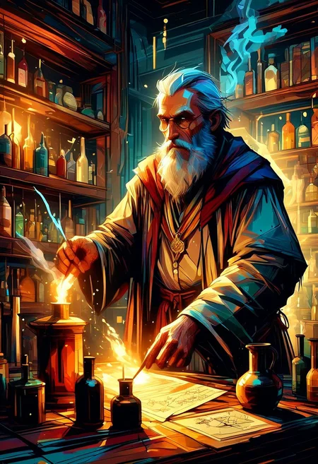 An elderly alchemist with a long white beard and tattered robes mixes potions in a candle-lit laboratory. Shelves of strange ingredients, bubbling cauldrons, mystical symbols, parchment scrolls, extreme close-up, portrait, warm, golden light.